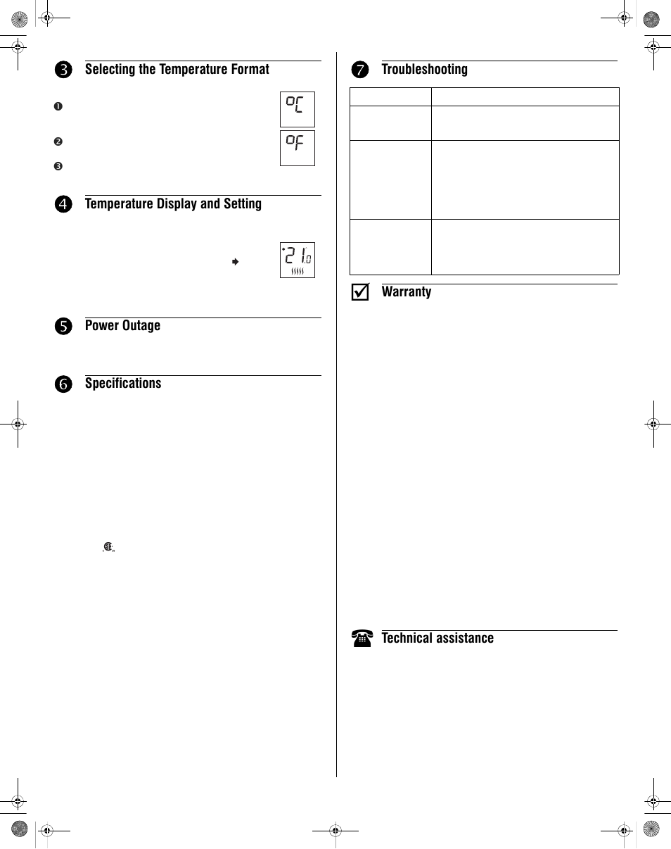 Selecting the temperature format, Temperature display and setting, Power outage | Specifications, Troubleshooting, Warranty, Technical assistance | Aube Technologies TH209 User Manual | Page 2 / 2