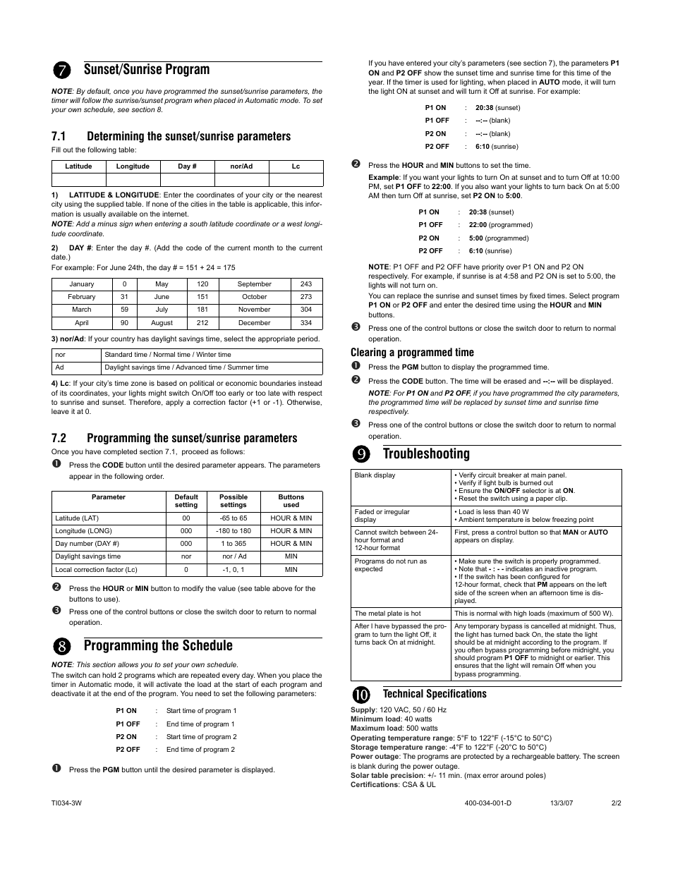 Sunset/sunrise program, Programming the schedule, Troubleshooting | 1 determining the sunset/sunrise parameters, 2 programming the sunset/sunrise parameters, Clearing a programmed time, Technical specifications | Aube Technologies TI034-3W User Manual | Page 2 / 4