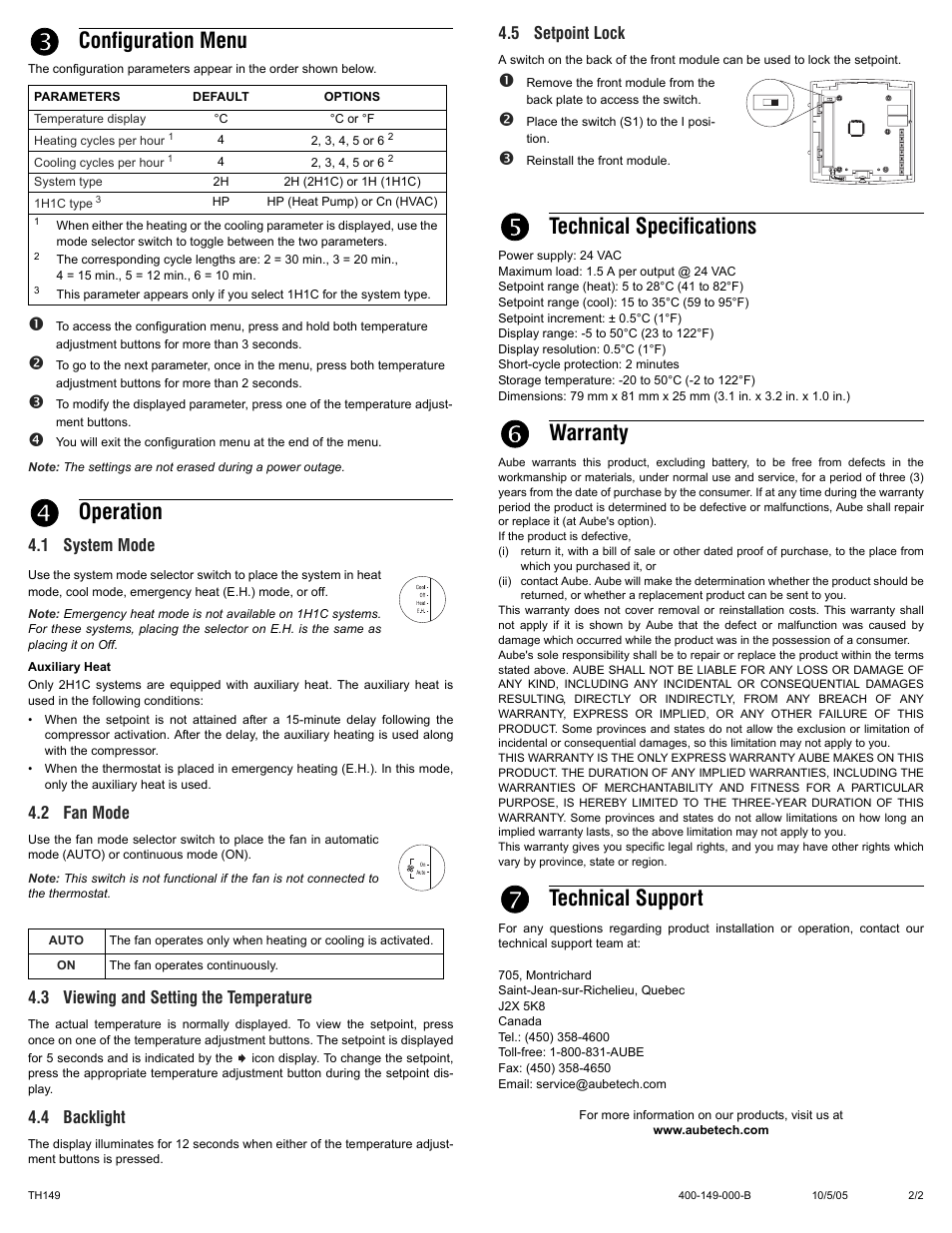 Configuration menu, Operation, Technical specifications | Warranty, Technical support | Aube Technologies TH149 User Manual | Page 2 / 2