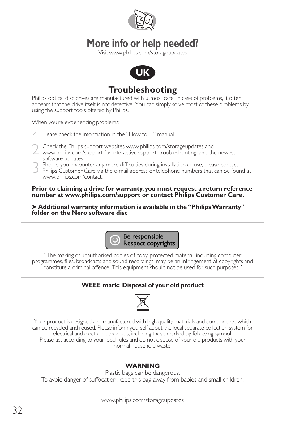 More info or help needed, Troubleshooting | Philips How to for External Slimline ReWriters using Nero 7 User Manual | Page 32 / 72