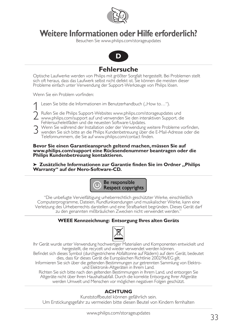 Weitere informationen oder hilfe erforderlich, Fehlersuche | Philips How to for External Slimline ReWriters using Nero 7 User Manual | Page 33 / 72