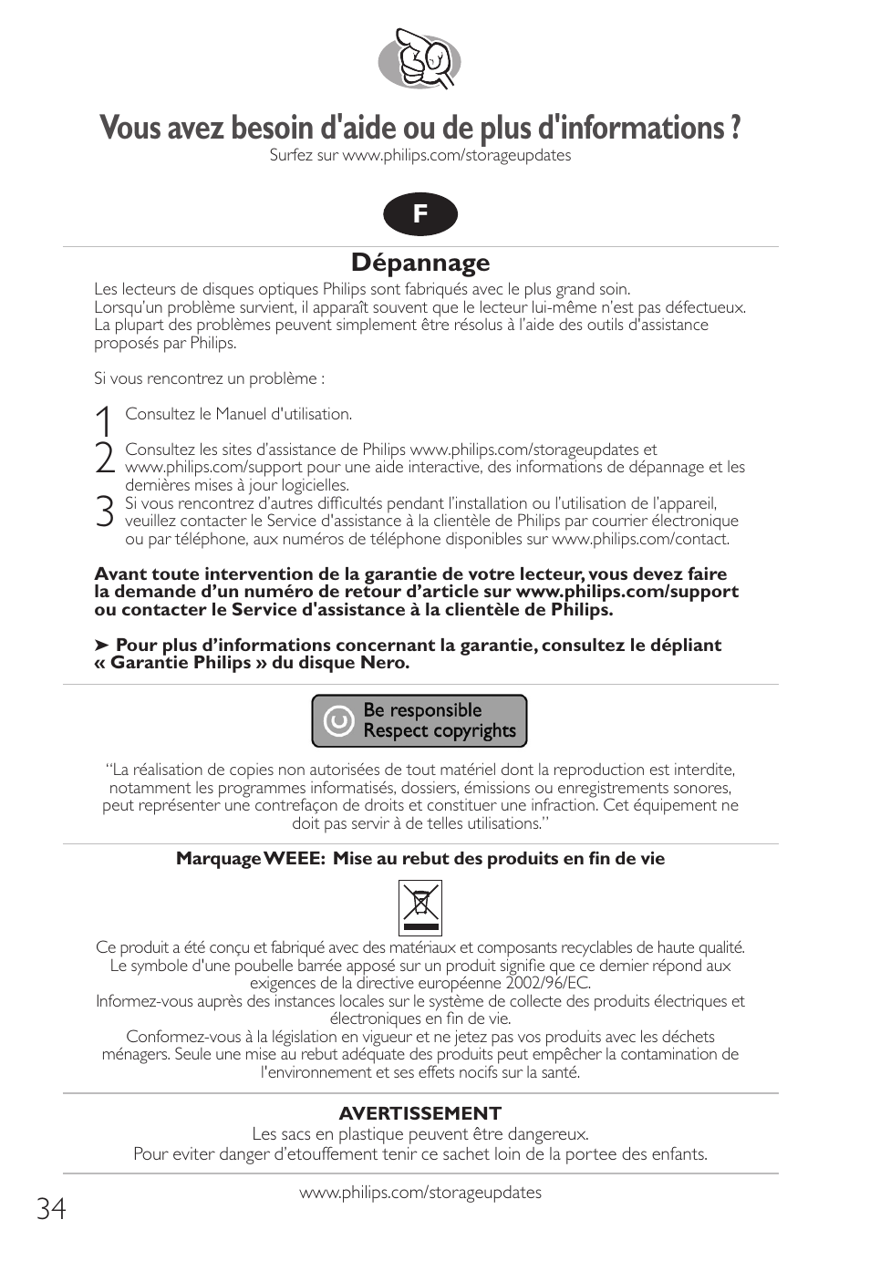 Vous avez besoin d'aide ou de plus d'informations, Dépannage | Philips How to for External Slimline ReWriters using Nero 7 User Manual | Page 34 / 72