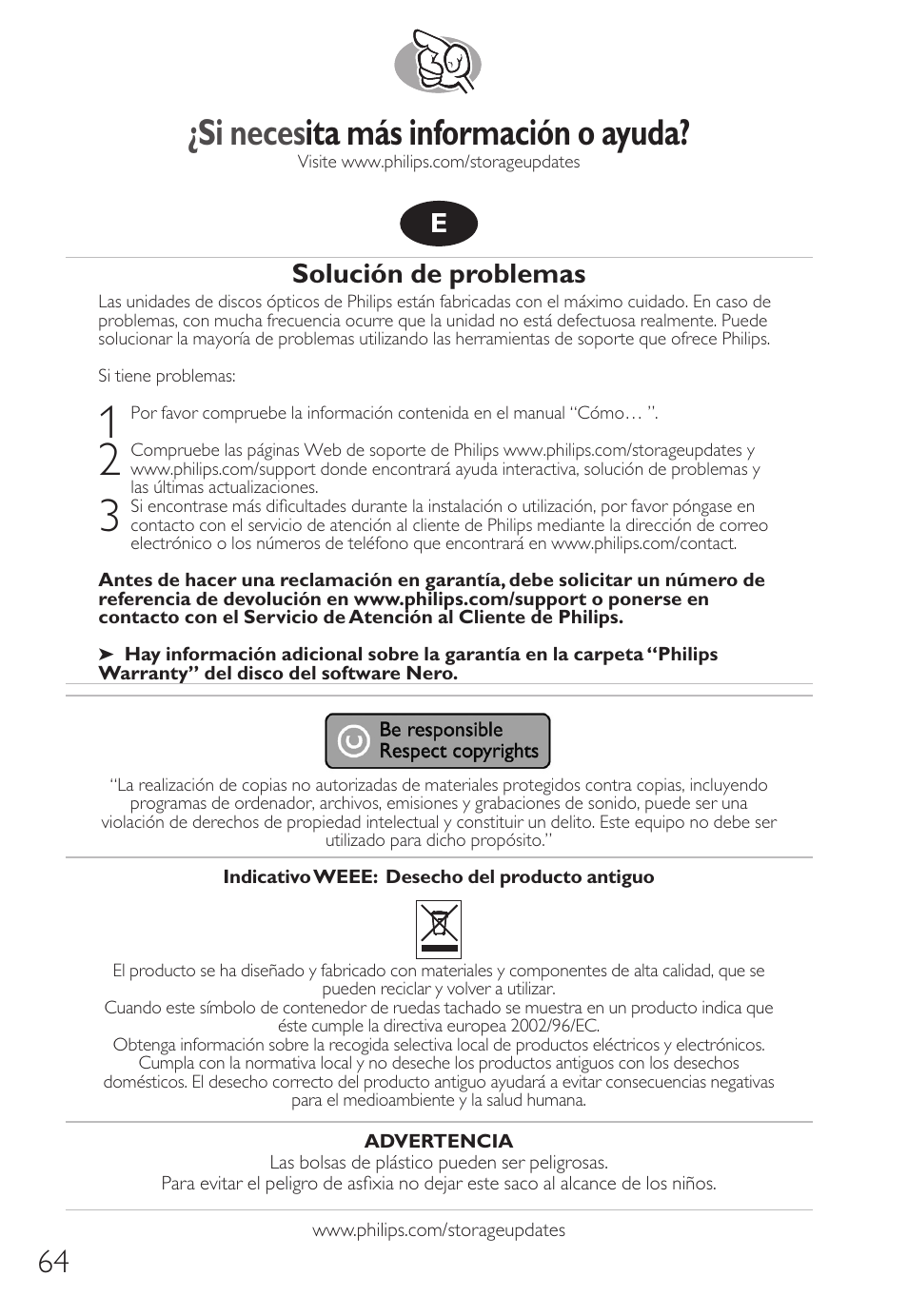 Si neces ita más información o ayuda, Solución de problemas | Philips How to for External Slimline ReWriters using Nero 7 User Manual | Page 64 / 72
