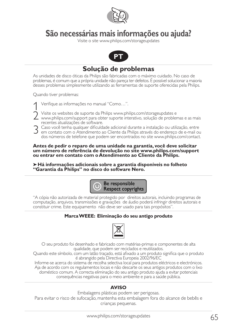 São necessárias mais informações ou ajuda, Solução de problemas | Philips How to for External Slimline ReWriters using Nero 7 User Manual | Page 65 / 72