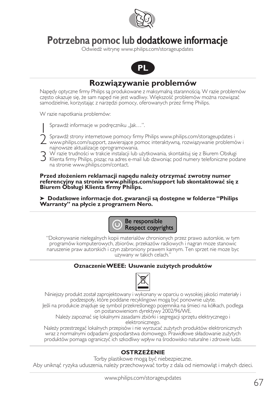 Potrzebna pomoc lub dodatkowe informacje, Rozwiązywanie problemów | Philips How to for External Slimline ReWriters using Nero 7 User Manual | Page 67 / 72