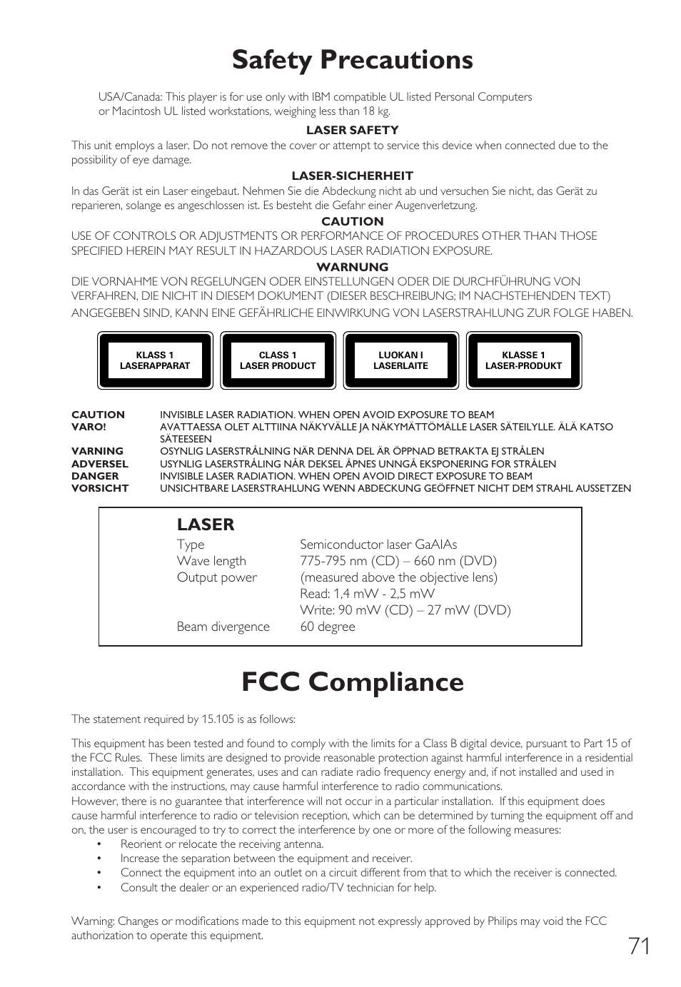Fcc compliance, Safety precautions, Laser | Philips How to for External Slimline ReWriters using Nero 7 User Manual | Page 71 / 72