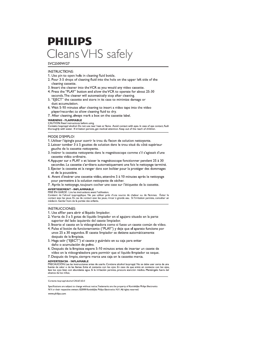 Philips Limpiador de VHS User Manual | 1 page