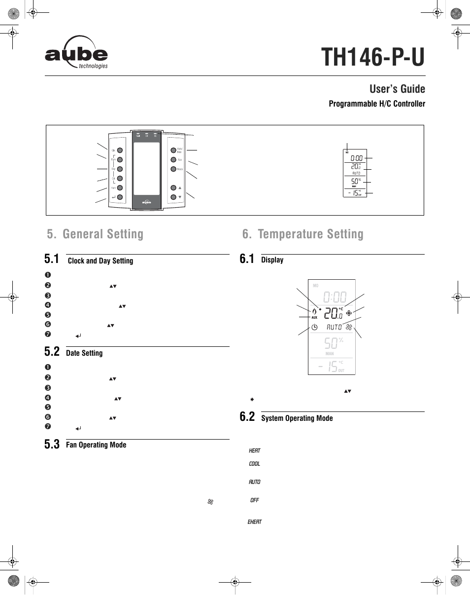 Th146-p-u, General setting 5.1, Temperature setting 6.1 | User’s guide | Aube Technologies TH146-P-U User Manual | Page 9 / 12