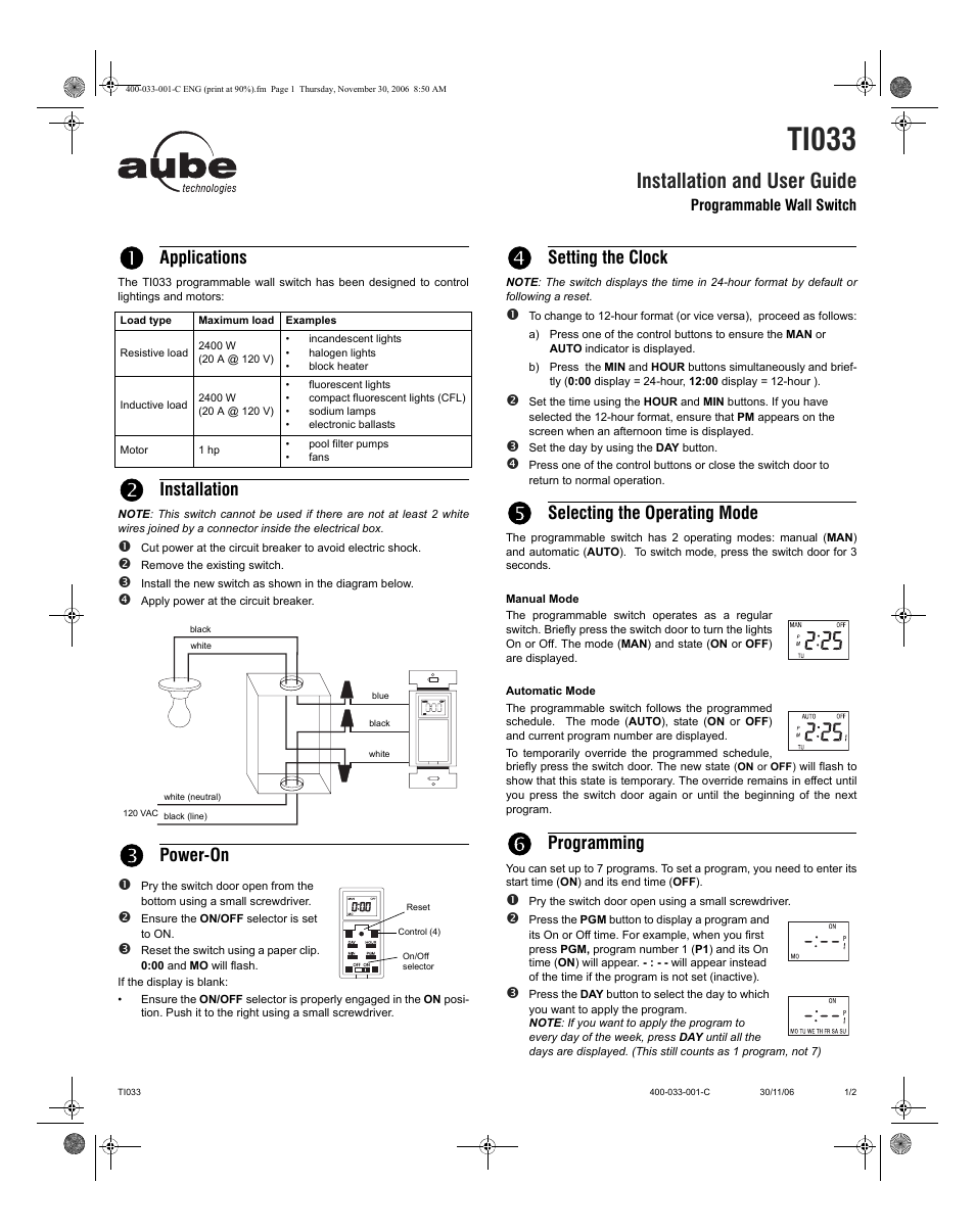 Aube Technologies AUBE Programmable Wall TI033 User Manual | 2 pages