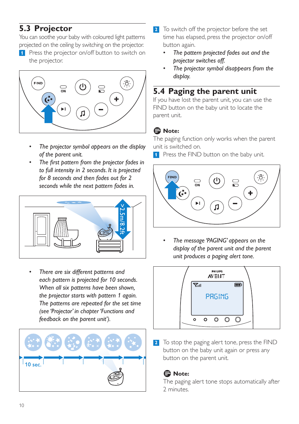 4 paging the parent unit, 3 projector | Philips AVENT Vigilabebés DECT User Manual | Page 10 / 460