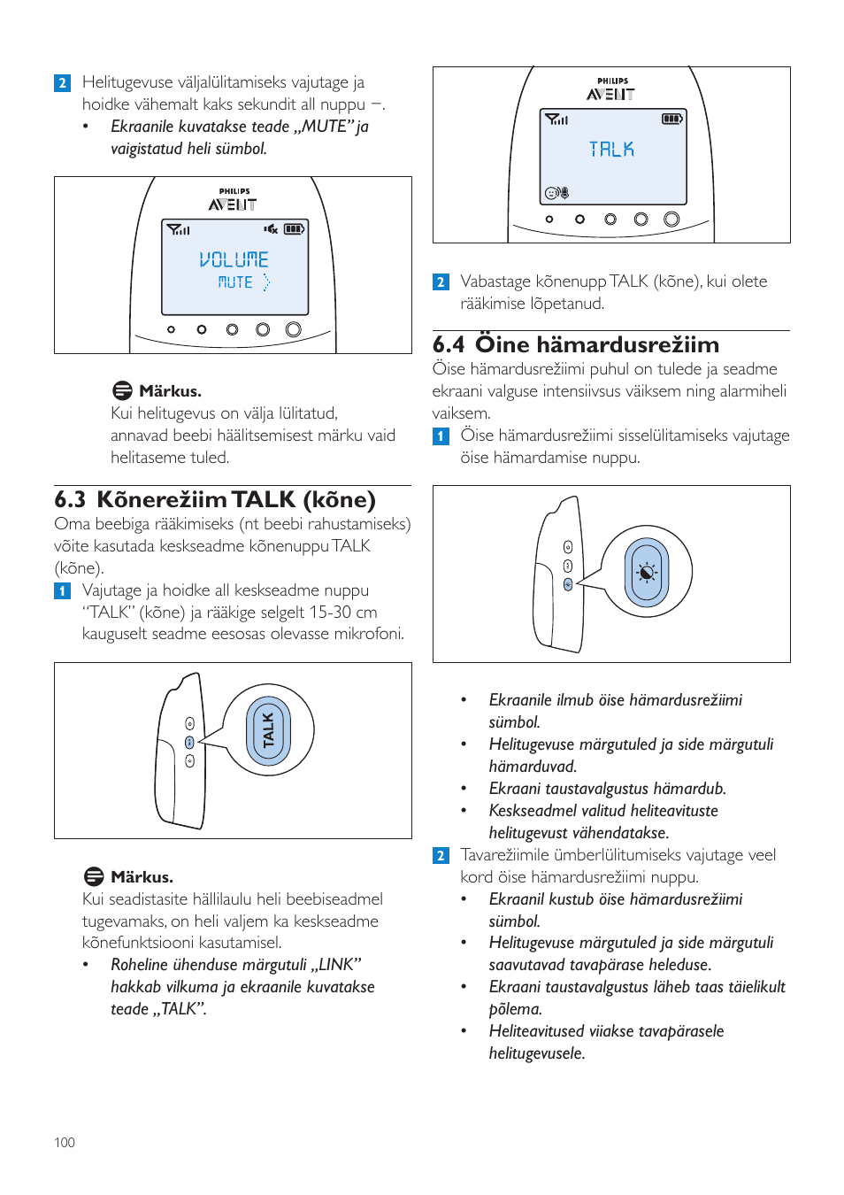 4 öine hämardusrežiim, 3 kõnerežiim talk (kõne) | Philips AVENT Vigilabebés DECT User Manual | Page 100 / 460