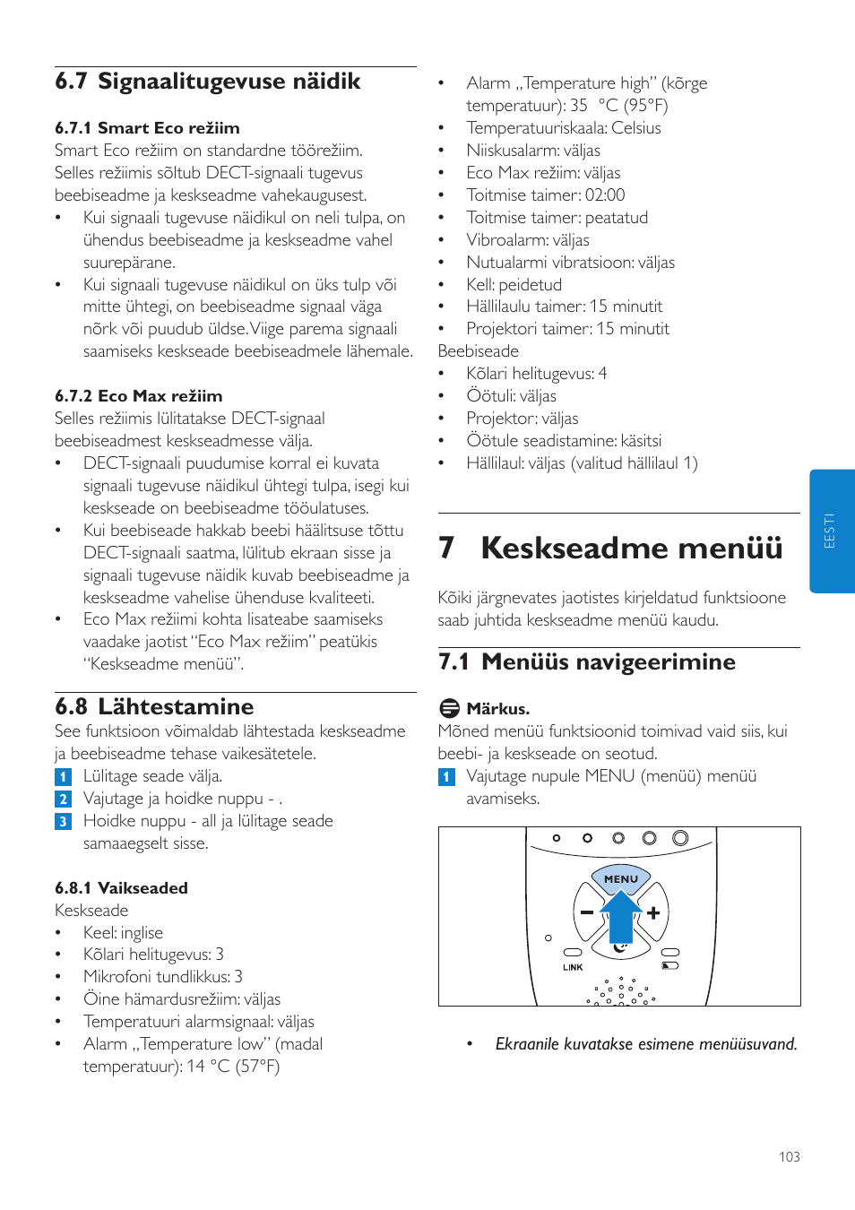 7 keskseadme menüü, 1 menüüs navigeerimine, 7 signaalitugevuse näidik | 8 lähtestamine | Philips AVENT Vigilabebés DECT User Manual | Page 103 / 460