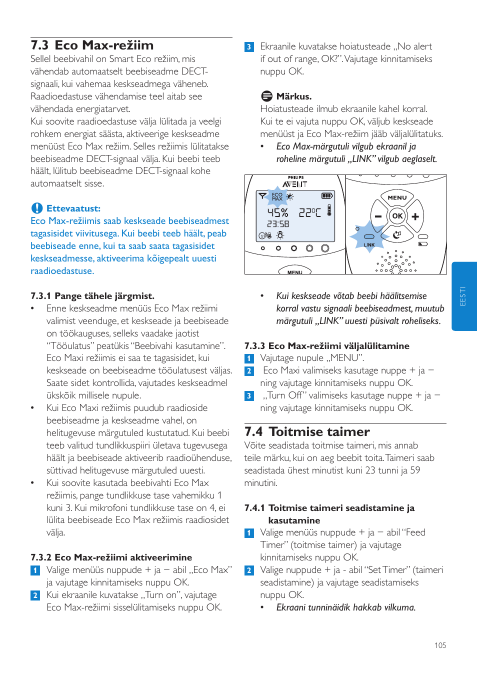 4 toitmise taimer, 3 eco max-režiim | Philips AVENT Vigilabebés DECT User Manual | Page 105 / 460