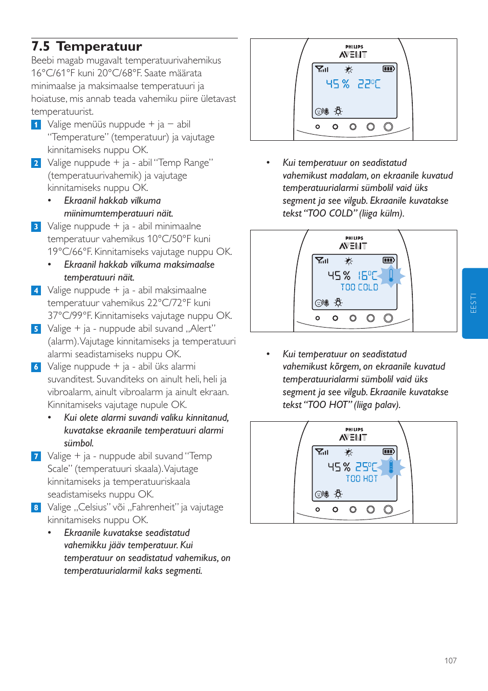 5 temperatuur | Philips AVENT Vigilabebés DECT User Manual | Page 107 / 460