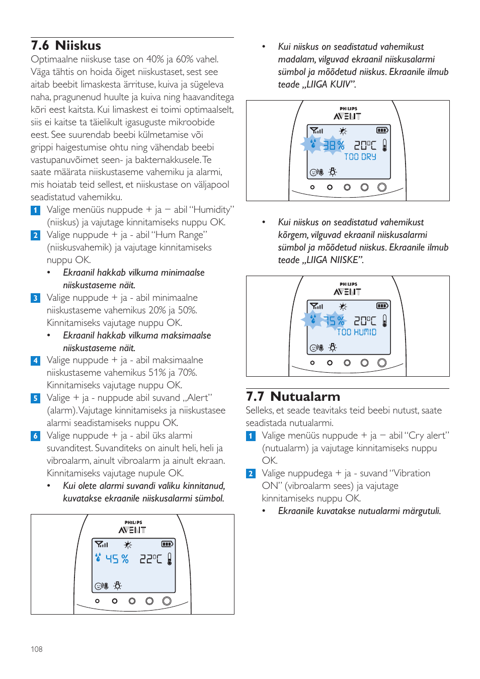 7 nutualarm, 6 niiskus | Philips AVENT Vigilabebés DECT User Manual | Page 108 / 460