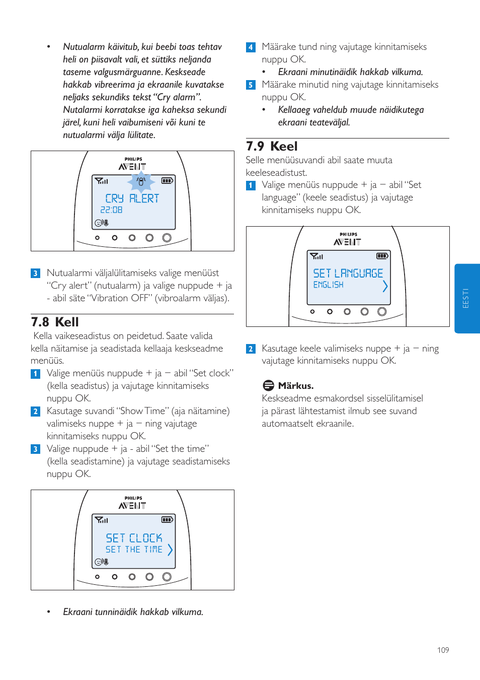 9 keel, 8 kell | Philips AVENT Vigilabebés DECT User Manual | Page 109 / 460