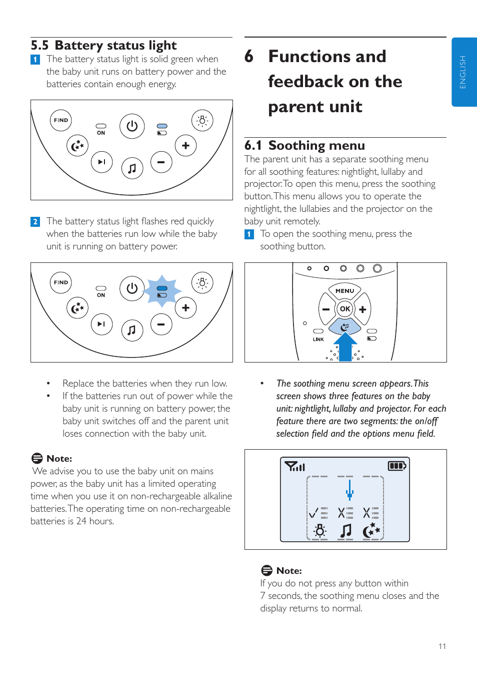 6 functions and feedback on the parent unit, 1 soothing menu, 5 battery status light | Philips AVENT Vigilabebés DECT User Manual | Page 11 / 460