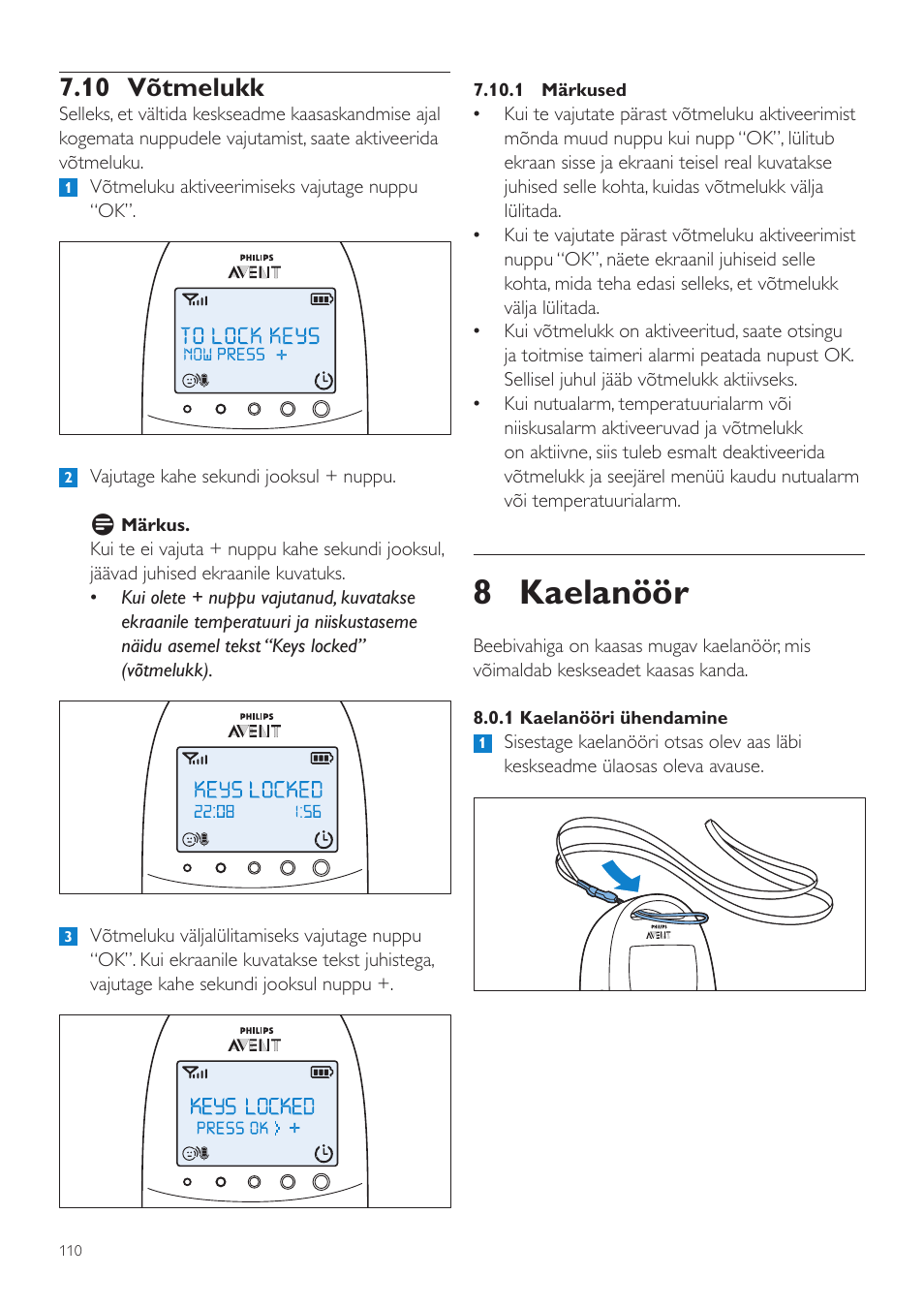 8 kaelanöör, 10 võtmelukk | Philips AVENT Vigilabebés DECT User Manual | Page 110 / 460