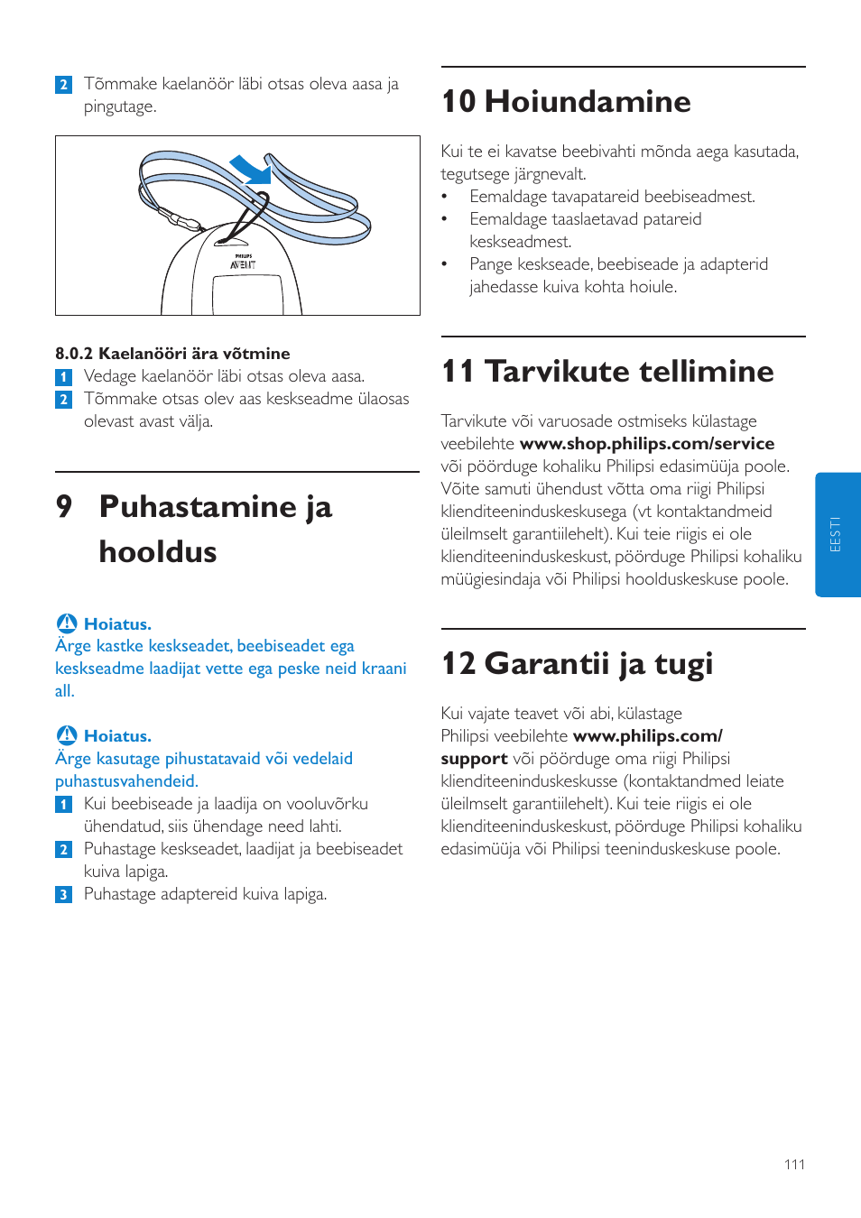 10 hoiundamine, 11 tarvikute tellimine, 12 garantii ja tugi | 9 puhastamine ja hooldus | Philips AVENT Vigilabebés DECT User Manual | Page 111 / 460