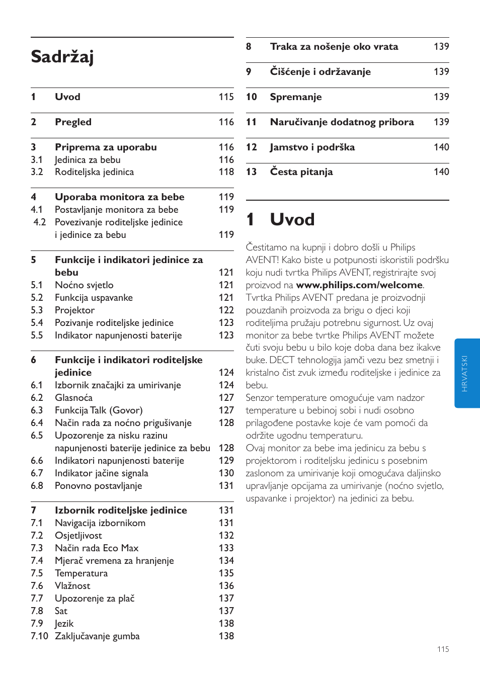 Hrvatski, Korisnički priručnik, 1 uvod | Sadržaj | Philips AVENT Vigilabebés DECT User Manual | Page 115 / 460