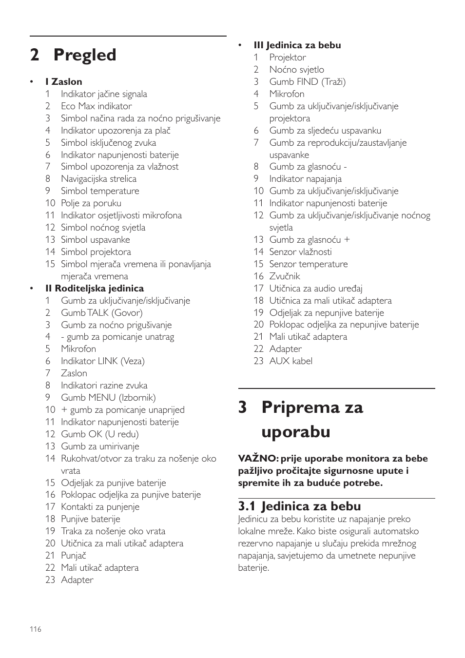 3 priprema za uporabu, 2 pregled, 1 jedinica za bebu | Philips AVENT Vigilabebés DECT User Manual | Page 116 / 460