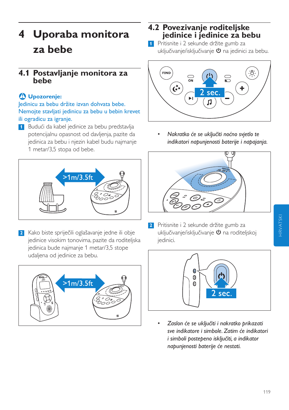 4 uporaba monitora za bebe, 1 postavljanje monitora za bebe | Philips AVENT Vigilabebés DECT User Manual | Page 119 / 460