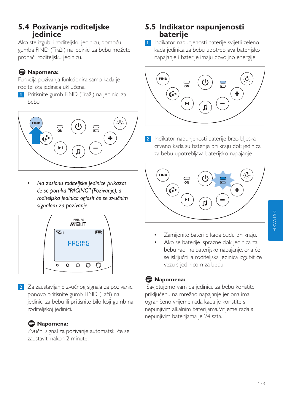 5 indikator napunjenosti baterije, 4 pozivanje roditeljske jedinice | Philips AVENT Vigilabebés DECT User Manual | Page 123 / 460