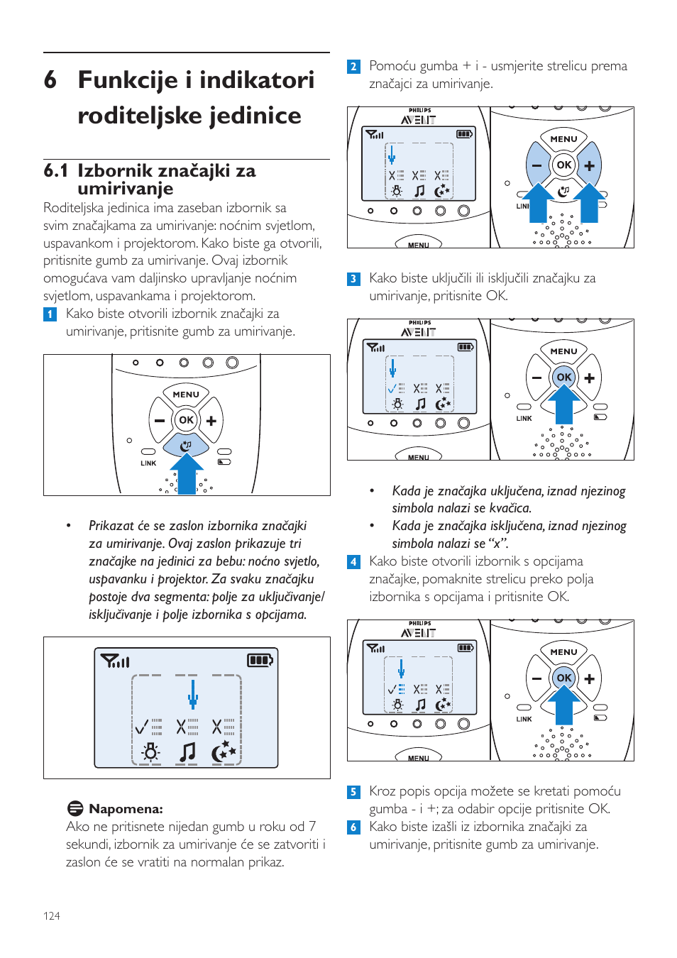 6 funkcije i indikatori roditeljske jedinice, 1 izbornik značajki za umirivanje | Philips AVENT Vigilabebés DECT User Manual | Page 124 / 460