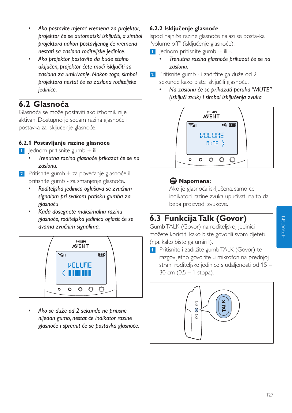3 funkcija talk (govor), 2 glasnoća | Philips AVENT Vigilabebés DECT User Manual | Page 127 / 460