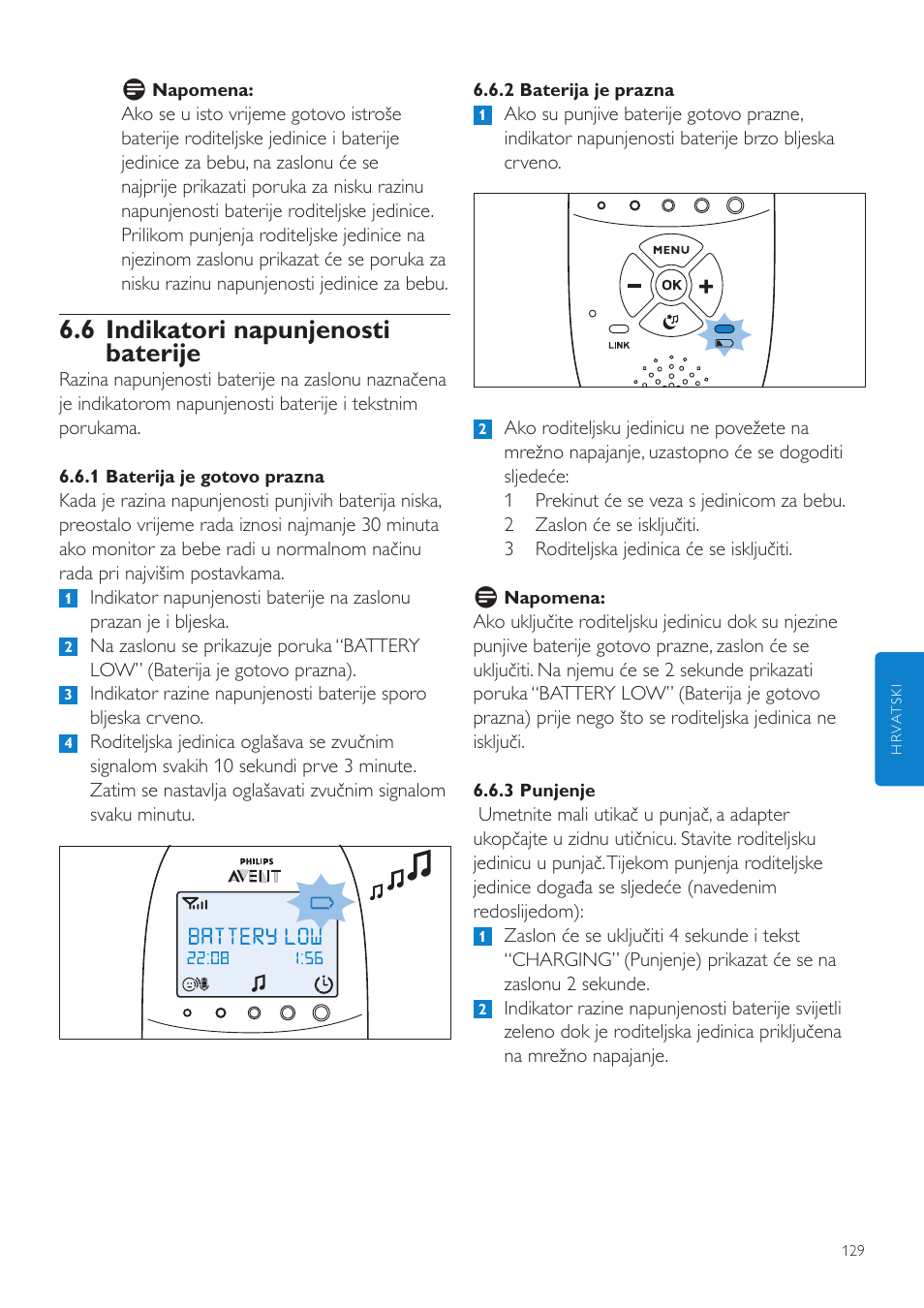 6 indikatori napunjenosti baterije | Philips AVENT Vigilabebés DECT User Manual | Page 129 / 460