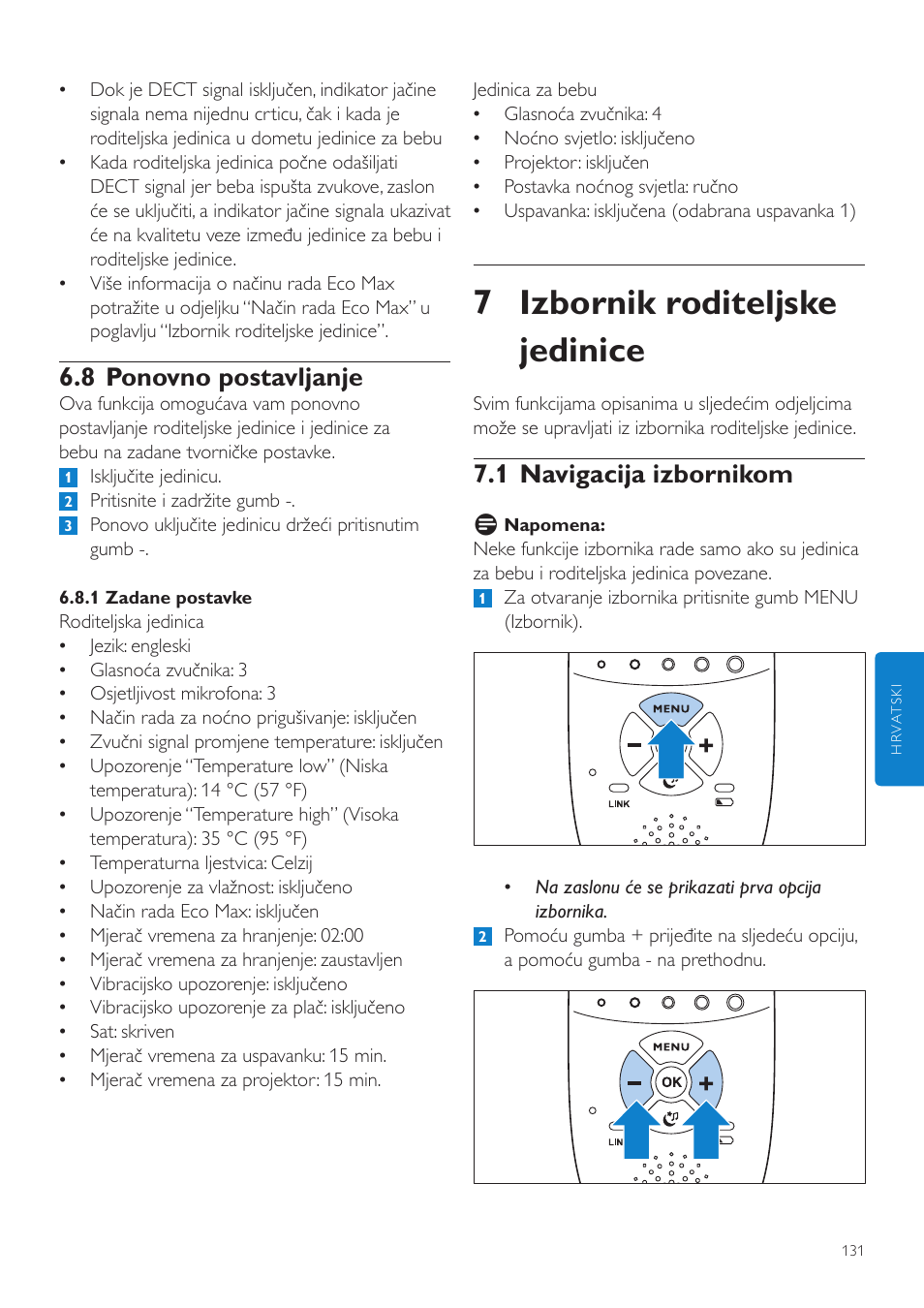 7 izbornik roditeljske jedinice, 1 navigacija izbornikom, 8 ponovno postavljanje | Philips AVENT Vigilabebés DECT User Manual | Page 131 / 460