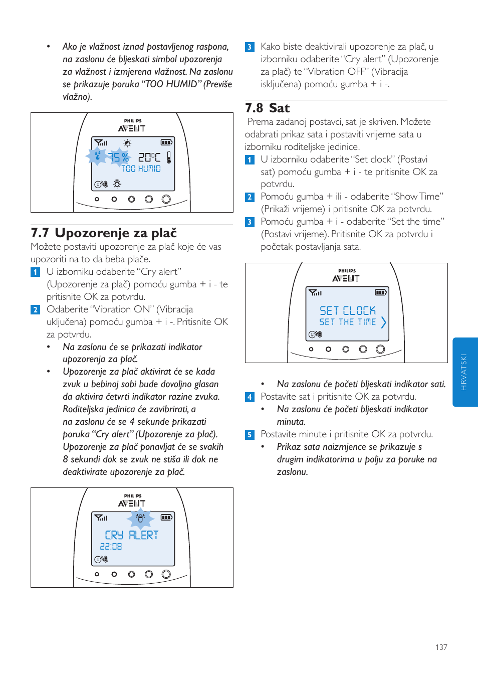 8 sat, 7 upozorenje za plač | Philips AVENT Vigilabebés DECT User Manual | Page 137 / 460