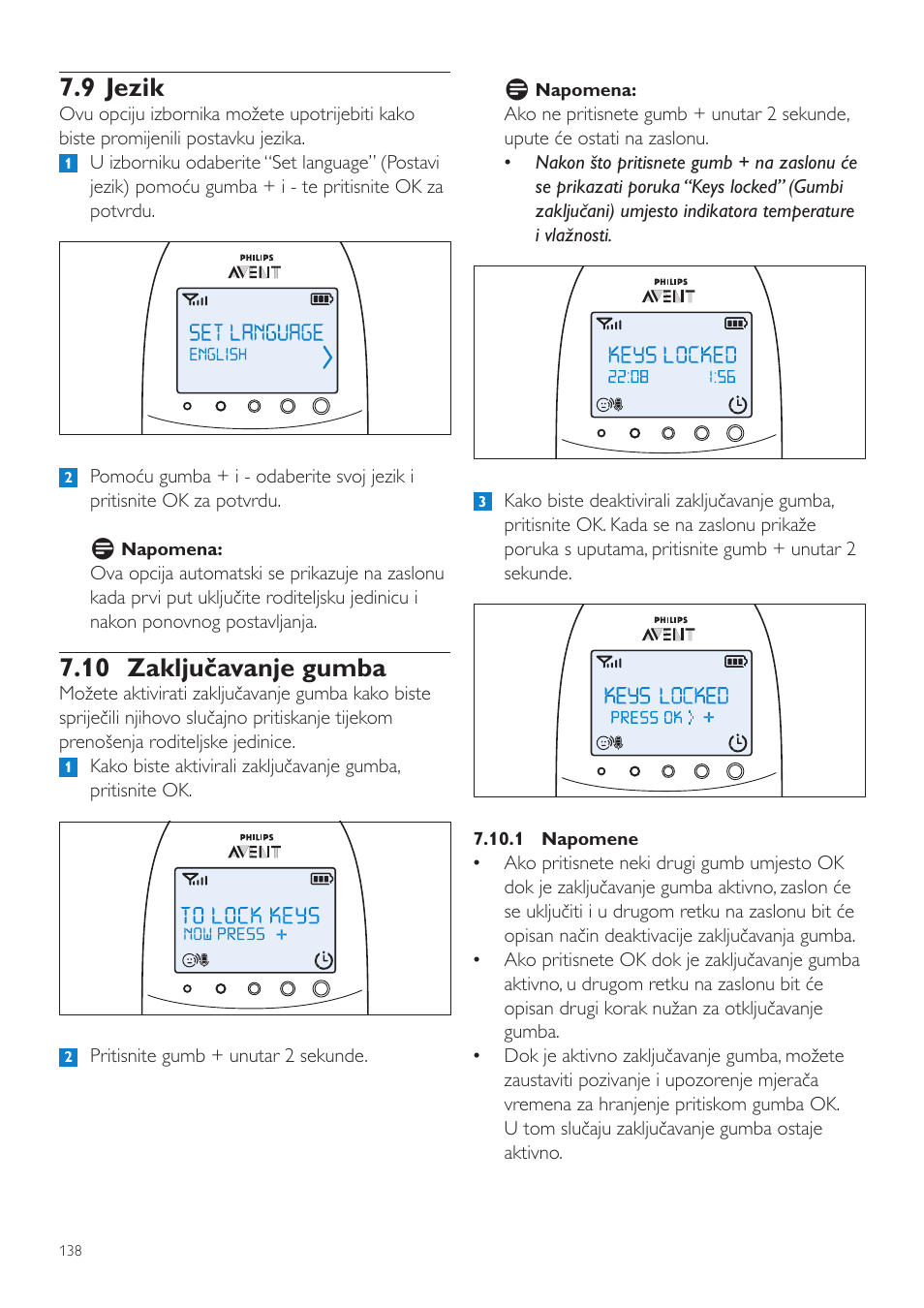 9 jezik, 10 zaključavanje gumba | Philips AVENT Vigilabebés DECT User Manual | Page 138 / 460