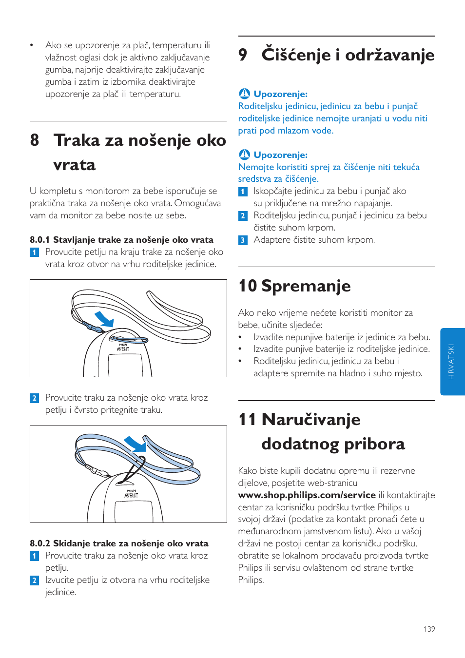 9 čišćenje i održavanje, 10 spremanje, 11 naručivanje dodatnog pribora | 8 traka za nošenje oko vrata | Philips AVENT Vigilabebés DECT User Manual | Page 139 / 460