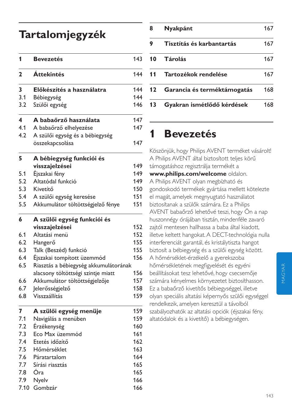 Magyar, Felhasználói kézikönyv, 1 bevezetés | Tartalomjegyzék | Philips AVENT Vigilabebés DECT User Manual | Page 143 / 460