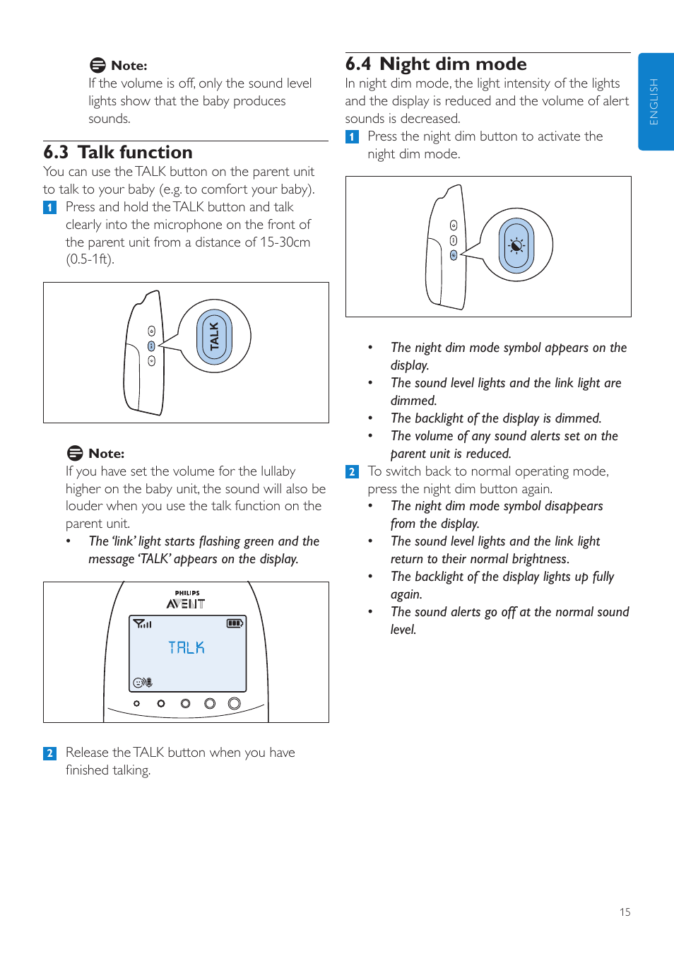 4 night dim mode, 3 talk function | Philips AVENT Vigilabebés DECT User Manual | Page 15 / 460