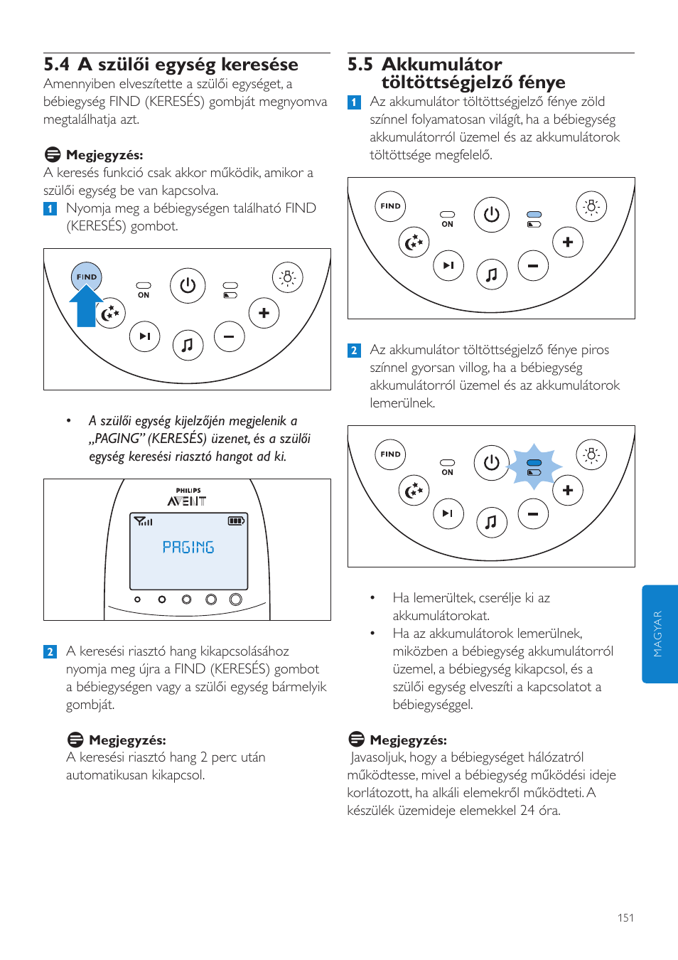 5 akkumulátor töltöttségjelző fénye, 4 a szülői egység keresése | Philips AVENT Vigilabebés DECT User Manual | Page 151 / 460