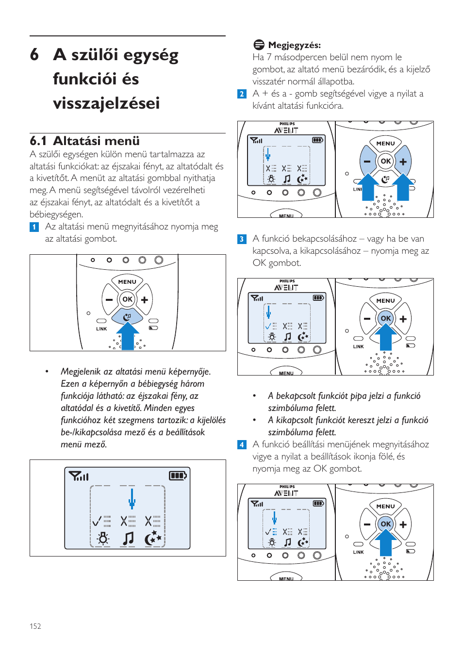 6 a szülői egység funkciói és visszajelzései, 1 altatási menü | Philips AVENT Vigilabebés DECT User Manual | Page 152 / 460