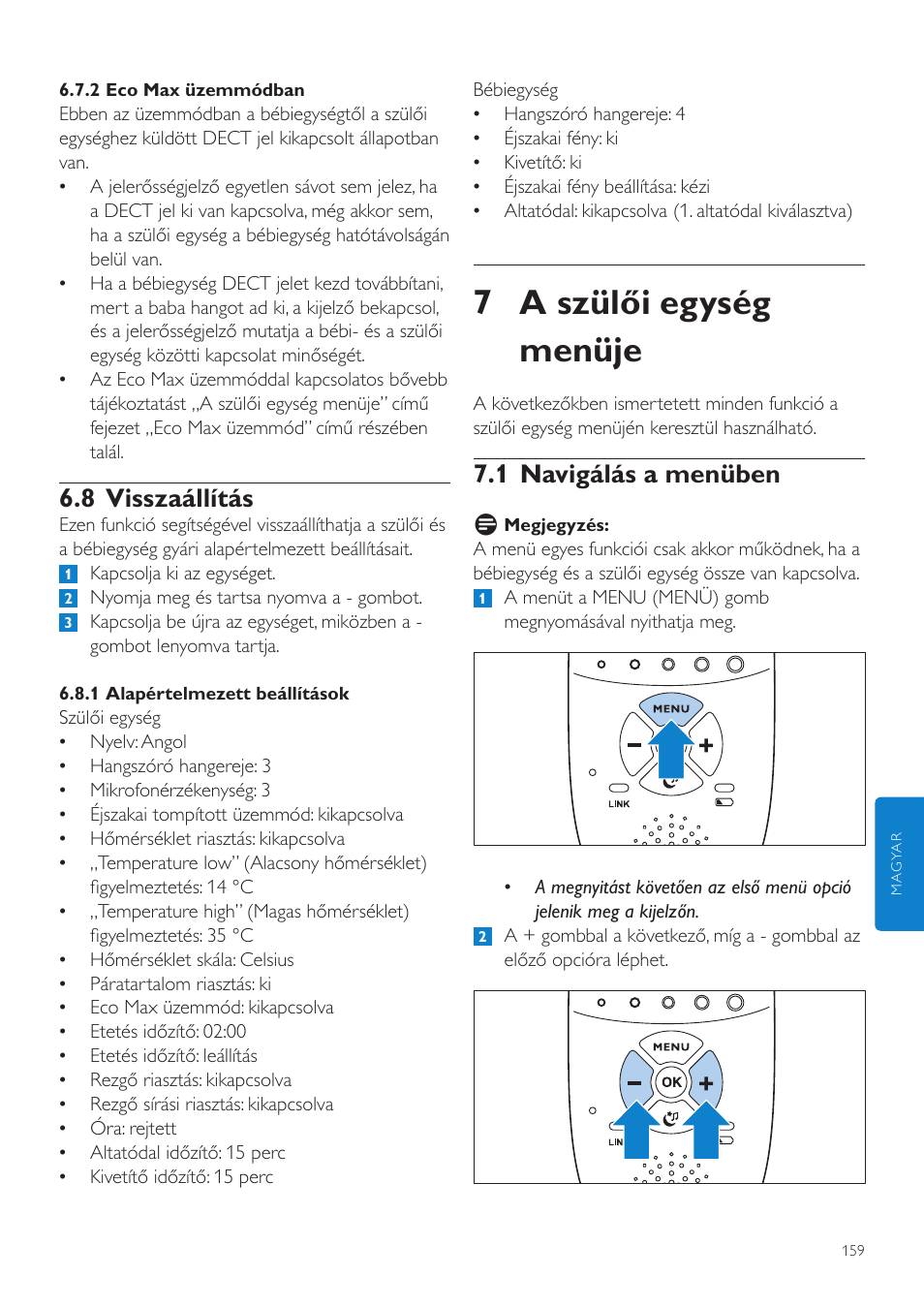 7 a szülői egység menüje, 1 navigálás a menüben, 8 visszaállítás | Philips AVENT Vigilabebés DECT User Manual | Page 159 / 460