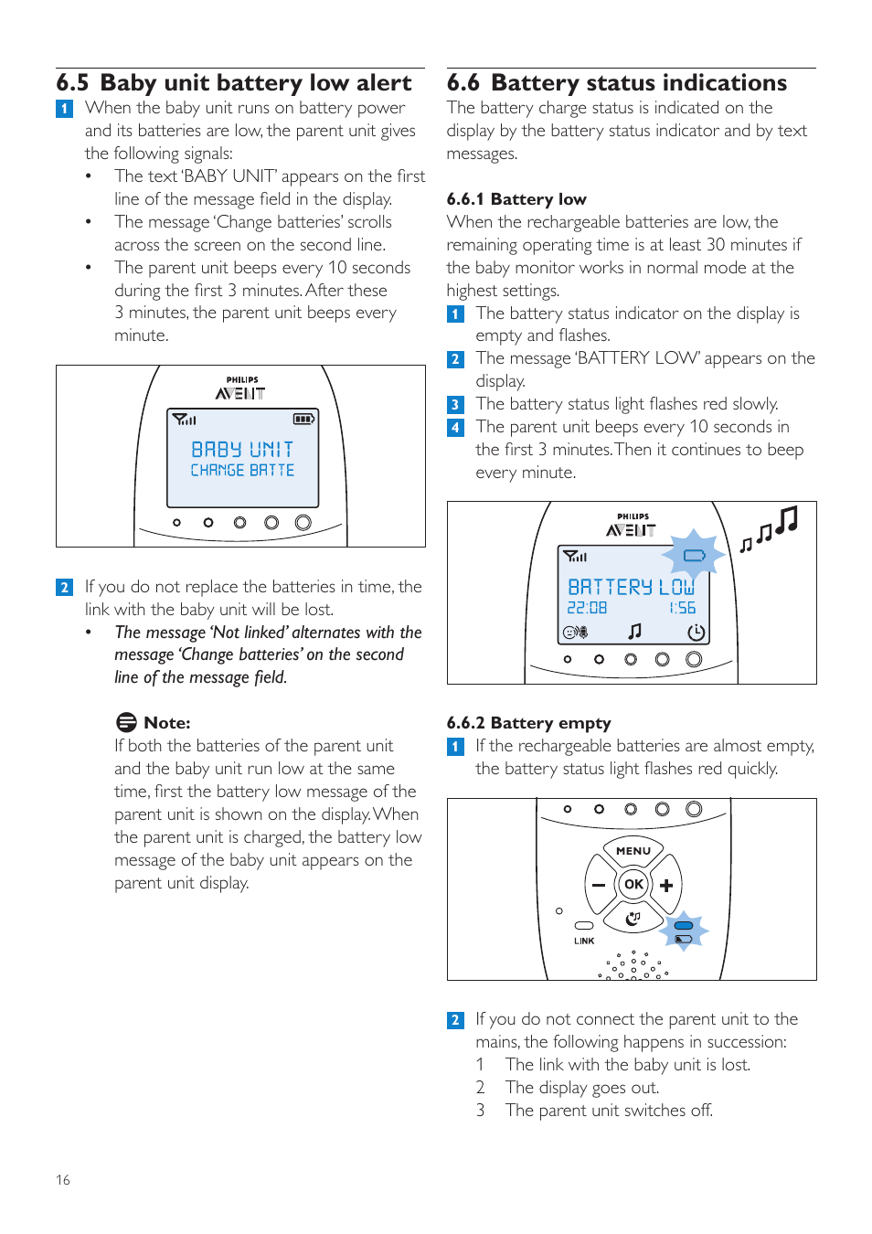 6 battery status indications, 5 baby unit battery low alert | Philips AVENT Vigilabebés DECT User Manual | Page 16 / 460