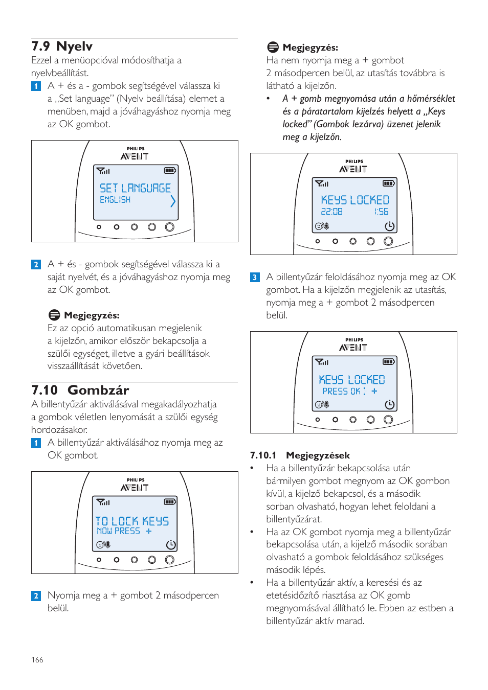 9 nyelv, 10 gombzár | Philips AVENT Vigilabebés DECT User Manual | Page 166 / 460