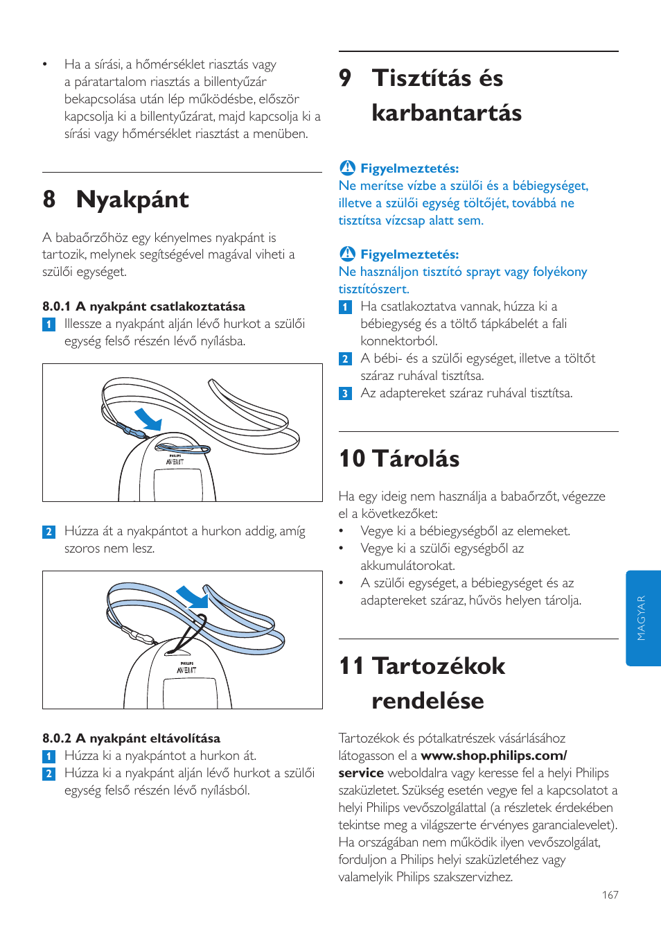 9 tisztítás és karbantartás, 10 tárolás, 11 tartozékok rendelése | 8 nyakpánt | Philips AVENT Vigilabebés DECT User Manual | Page 167 / 460
