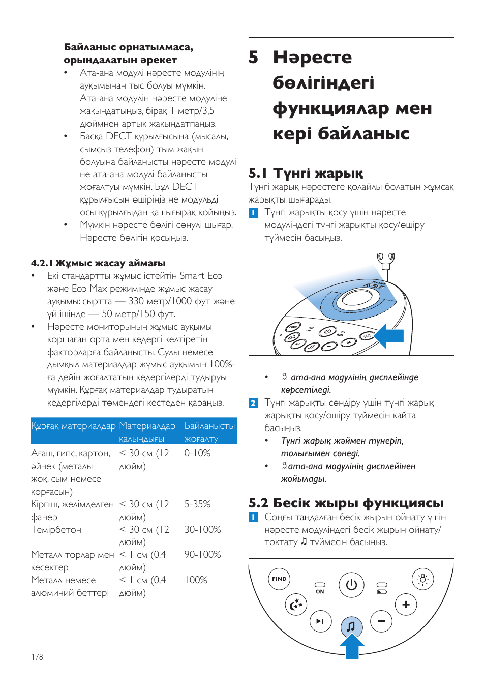 5 нәресте бөлігіндегі функциялар мен кері байланыс, 1 түнгі жарық, 2 бесік жыры функциясы | Philips AVENT Vigilabebés DECT User Manual | Page 178 / 460