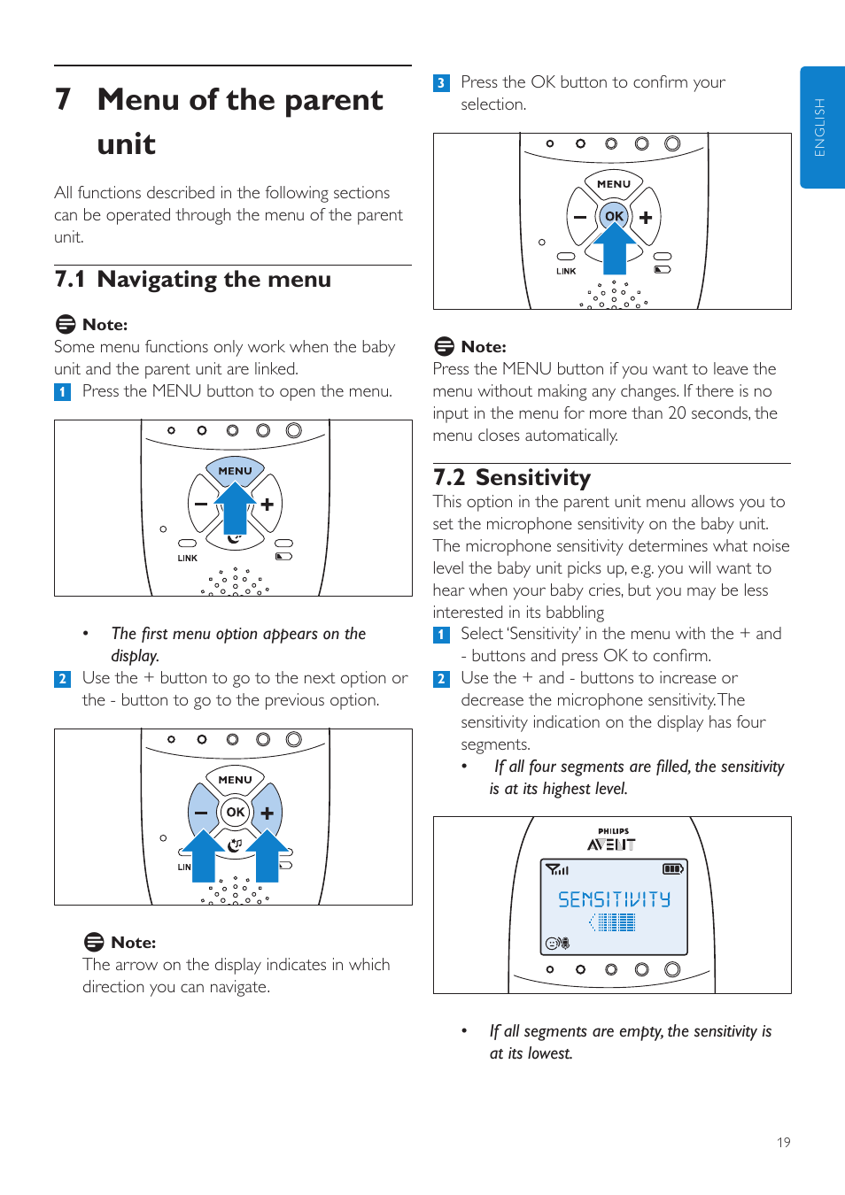 7 menu of the parent unit, 2 sensitivity, 1 navigating the menu | Philips AVENT Vigilabebés DECT User Manual | Page 19 / 460
