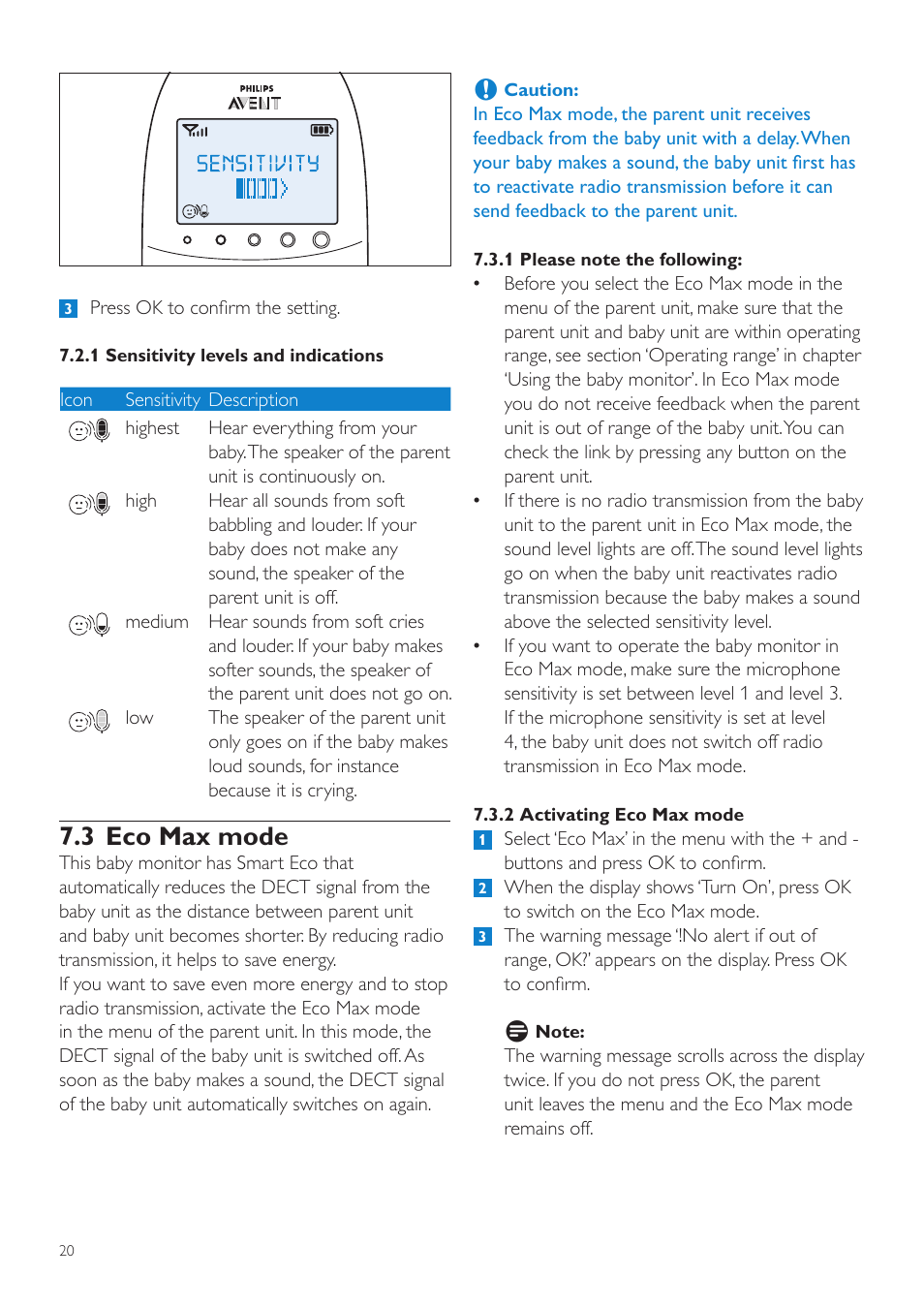 3 eco max mode | Philips AVENT Vigilabebés DECT User Manual | Page 20 / 460