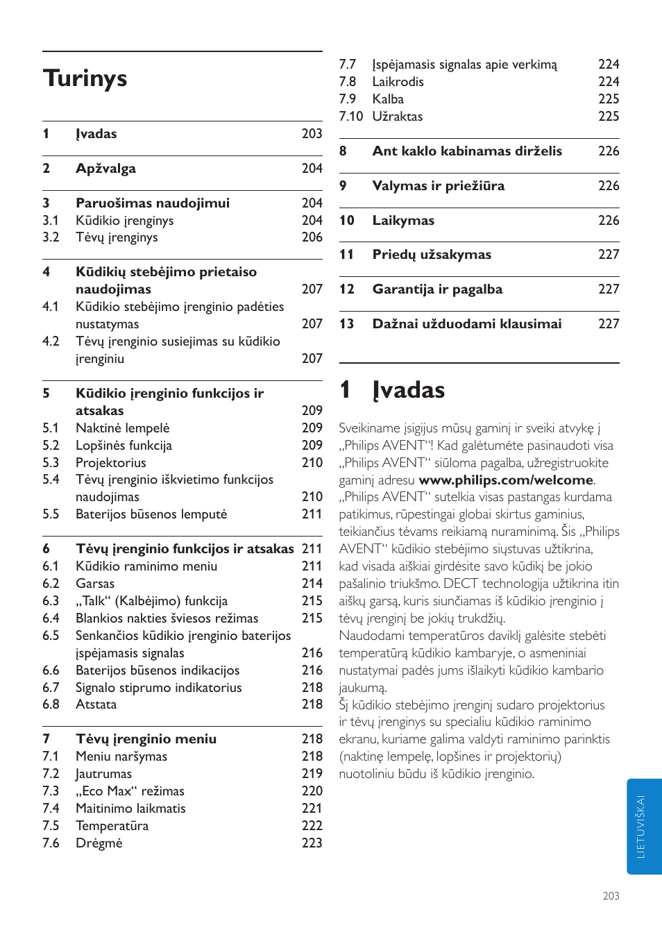 Lietuviškai, Vartotojo vadovas, 1 įvadas | Turinys | Philips AVENT Vigilabebés DECT User Manual | Page 203 / 460