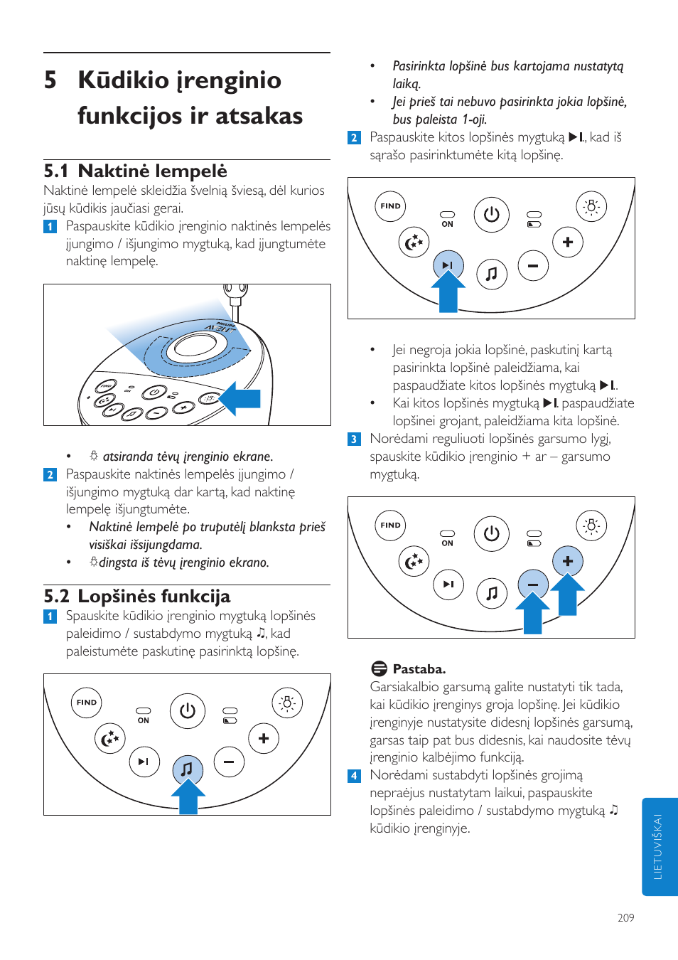 5 kūdikio įrenginio funkcijos ir atsakas, 1 naktinė lempelė, 2 lopšinės funkcija | Philips AVENT Vigilabebés DECT User Manual | Page 209 / 460