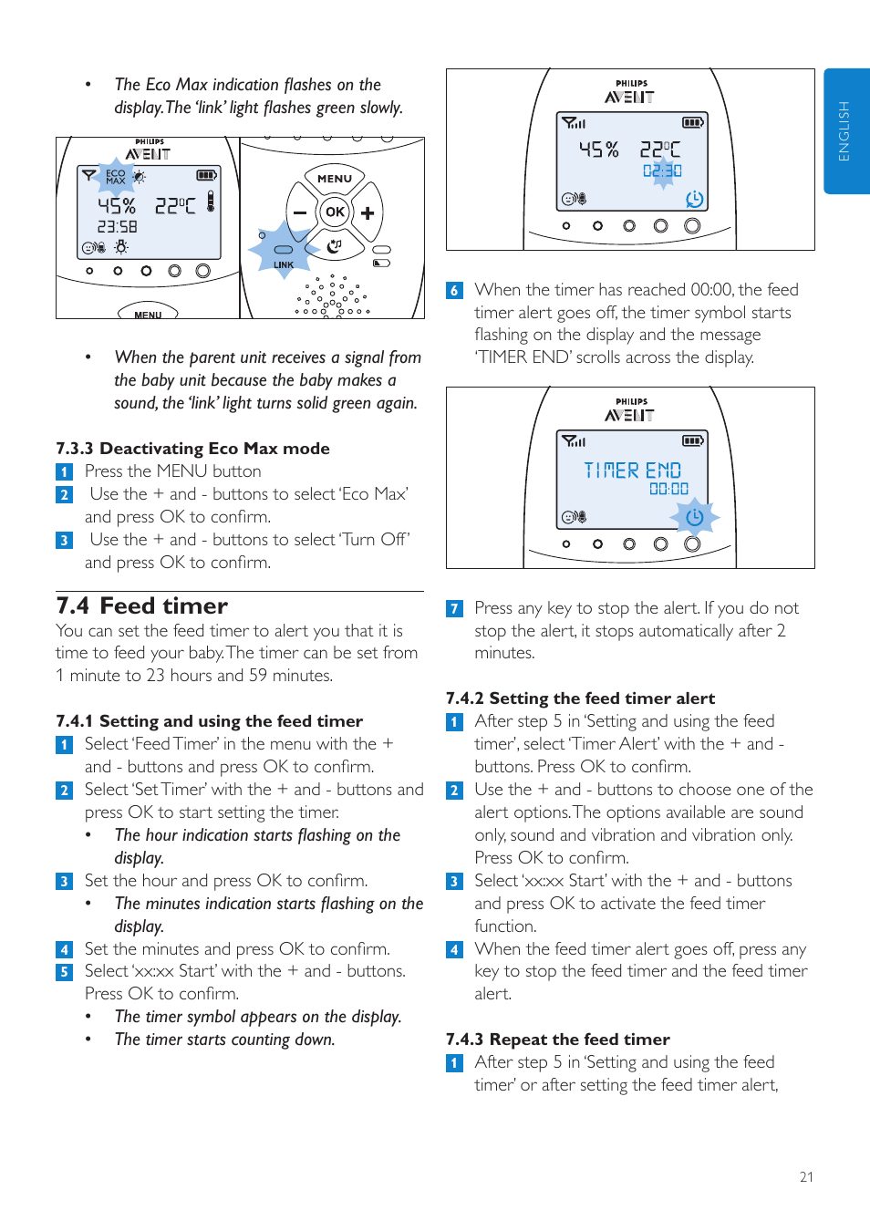 4 feed timer | Philips AVENT Vigilabebés DECT User Manual | Page 21 / 460