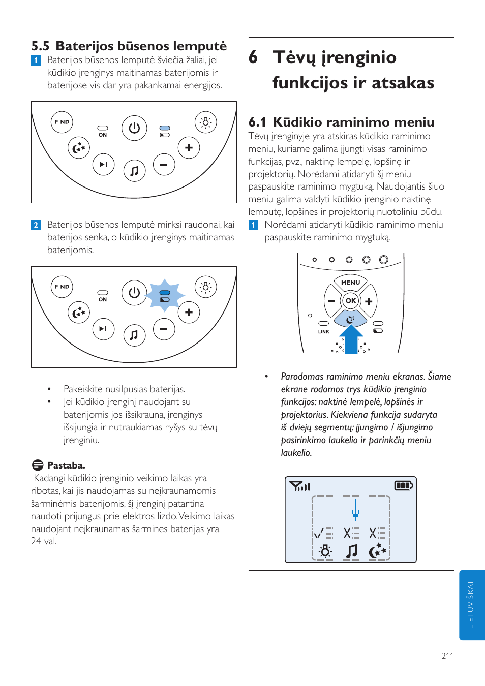 6 tėvų įrenginio funkcijos ir atsakas, 1 kūdikio raminimo meniu, 5 baterijos būsenos lemputė | Philips AVENT Vigilabebés DECT User Manual | Page 211 / 460