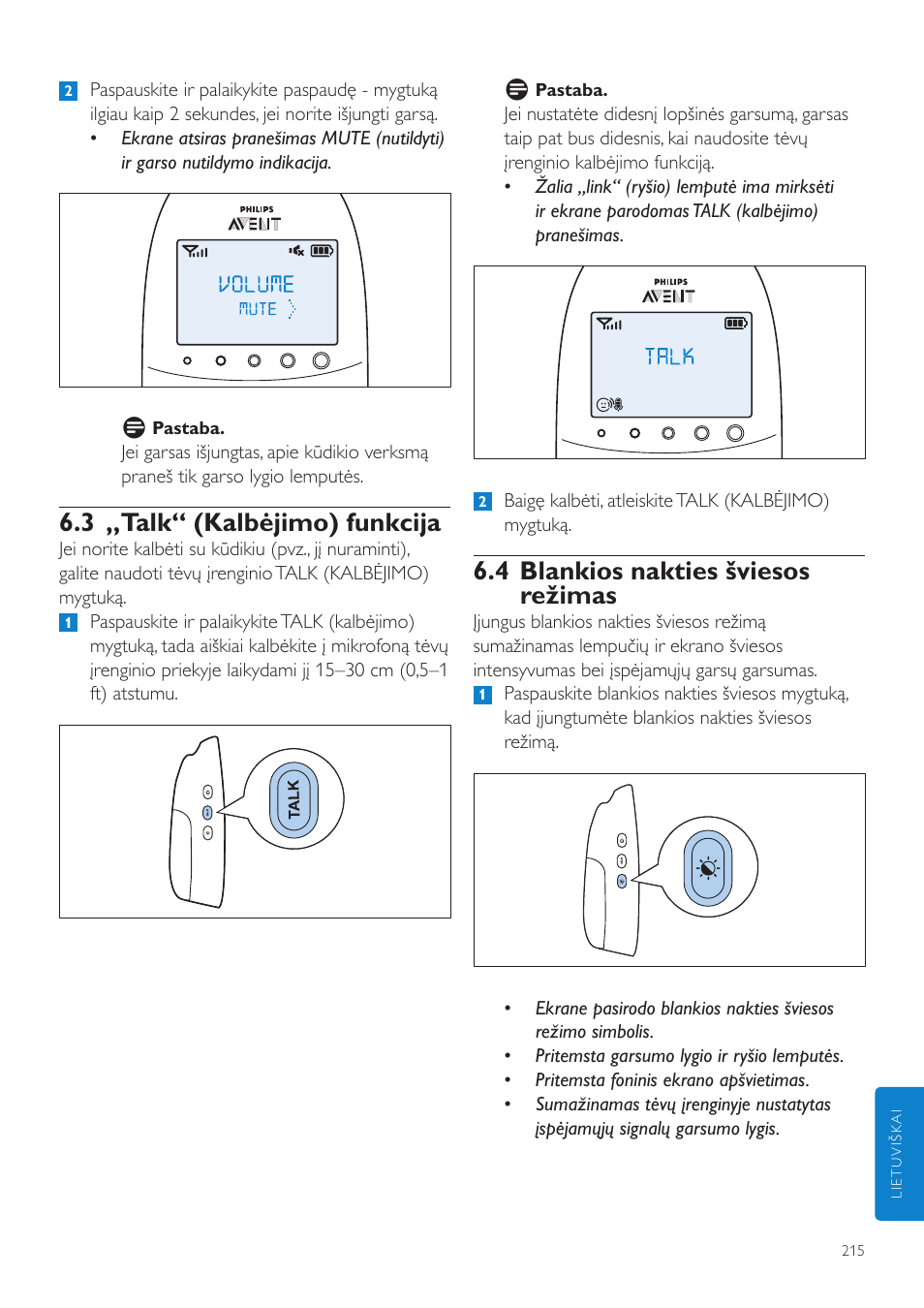 4 blankios nakties šviesos režimas, 3 „talk“ (kalbėjimo) funkcija | Philips AVENT Vigilabebés DECT User Manual | Page 215 / 460